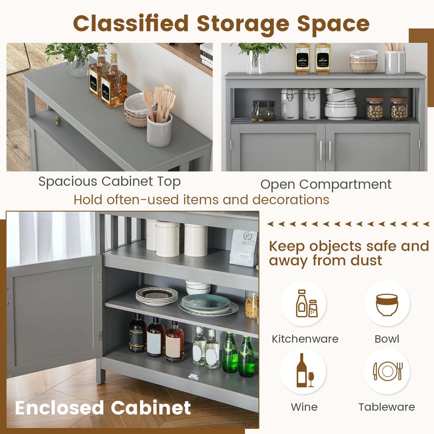Costway Kitchen Buffet Server Sideboard Storage Cabinet with 2 Doors &#x26; Shelf White/Black/Gray