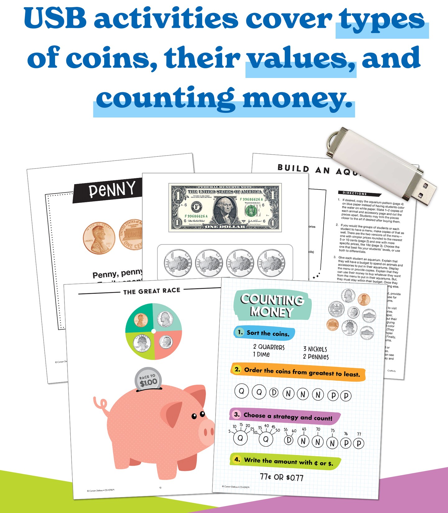 Carson Dellosa In A Flash US Money Instructional Resources—Flash Drive With Math Lessons, Journal, Templates, Posters, Charts, Games for Learning Currency and Counting Money, Grades 1-2 (229 pgs)