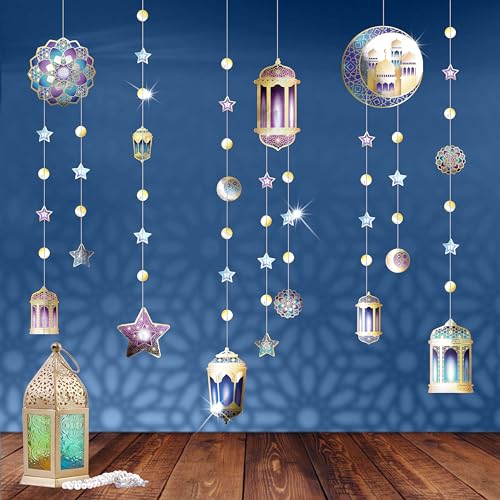 Purple Blue Gold Ramadan Mubarak Garland Kit Lantern Crescent Moon Star EID Party Decoration Hanging EID Banner Streamer Decorations Islamic Birthday Bday Wedding Party Supplies