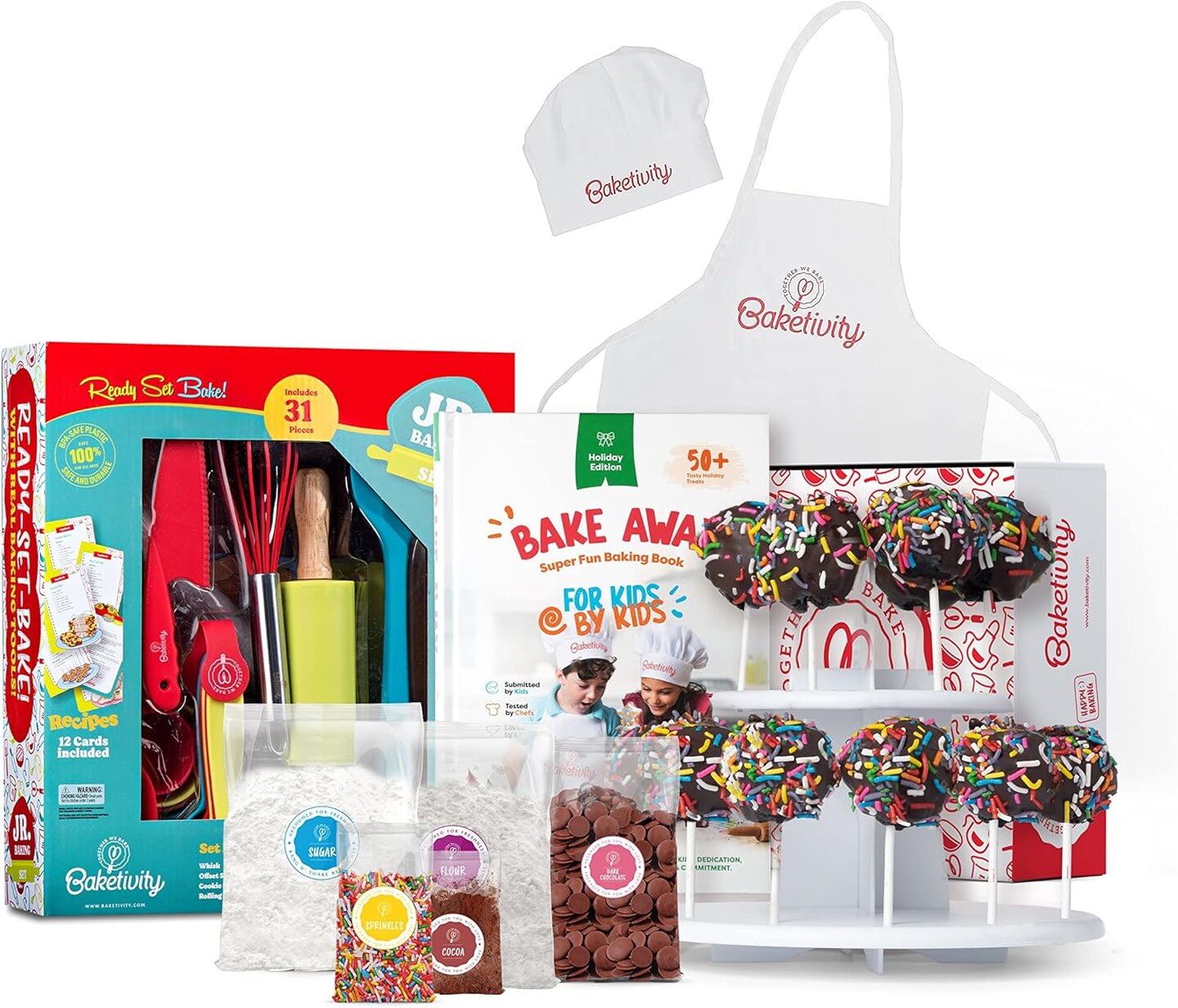 Baketivity 4 in 1 Kids Baking Set Mega Kit - Cake Pop Kit with Stand - Kids Apron and Chef Hat Set - Bake Away Kids Cookbook - Kids Cooking Sets Real Utensils - Kids Baking Kit Gifts for Girls & Boys