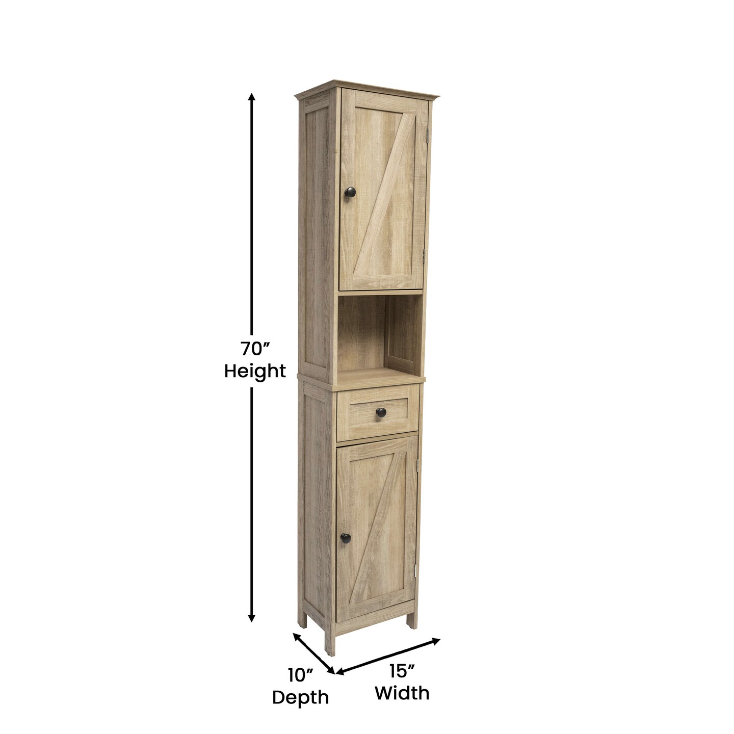 Merrick Lane Delilah Slim Linen Tower Organizer with Storage Drawer, Upper and Lower Cabinets with Magnetic Closure Doors and Open Shelf
