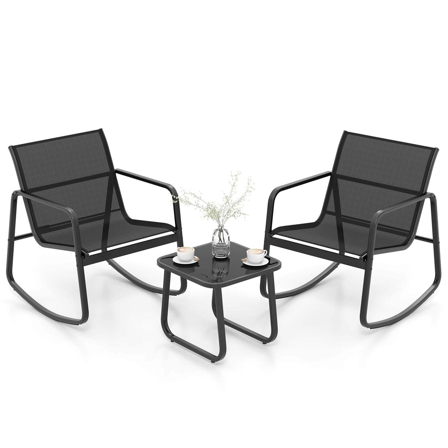 Costway 3 Piece Patio Rocking Set 2 Rocking Bistro Chairs &#x26; Glass-Top Table for Porch