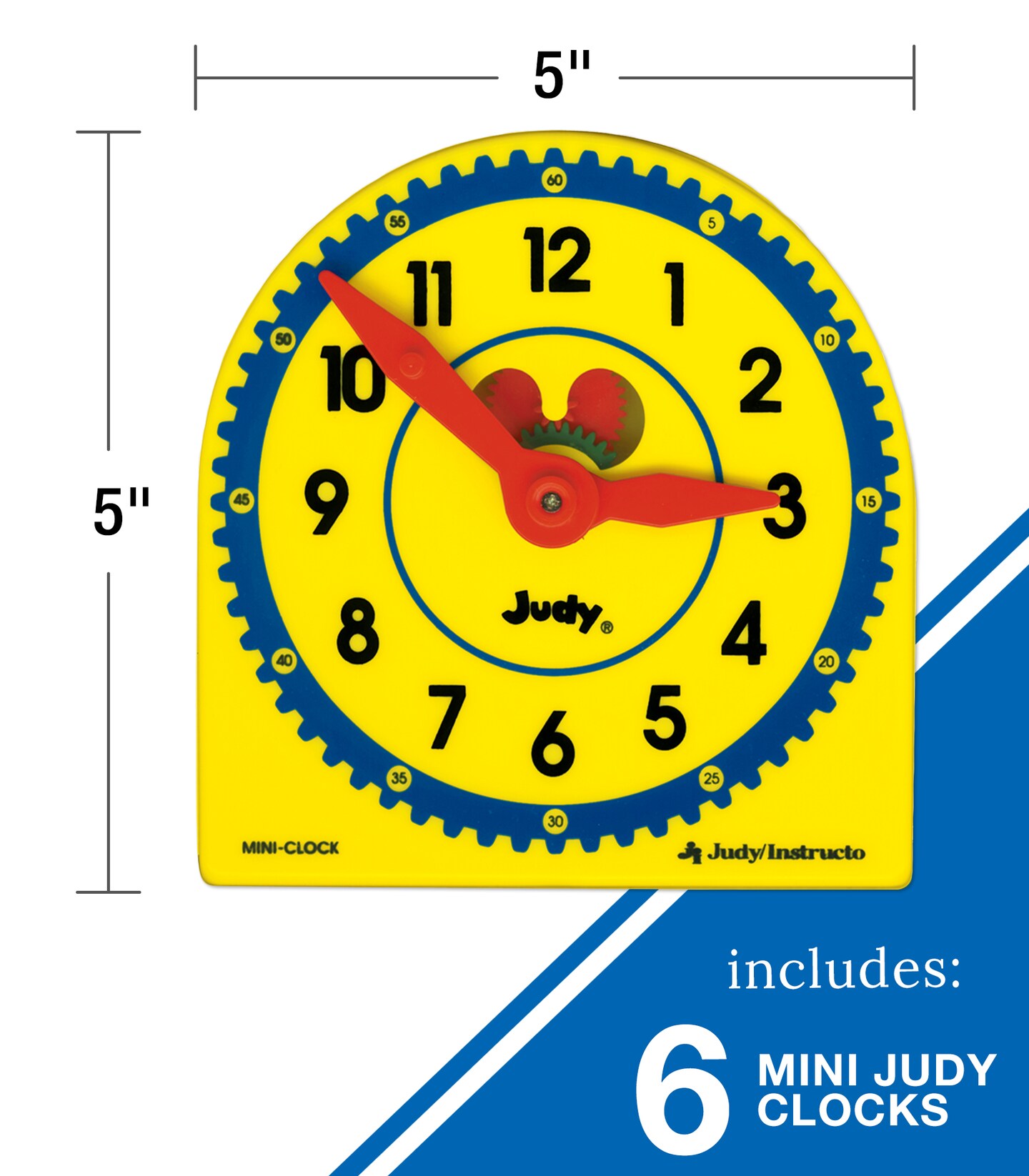 Carson Dellosa 6 Mini Judy Clocks Set, 5&#x22; x 5&#x22; Student Clocks, Learn to Tell Time Clocks for Kids, Analog Clock for Kids with Movable Gears for Teaching Time Activity