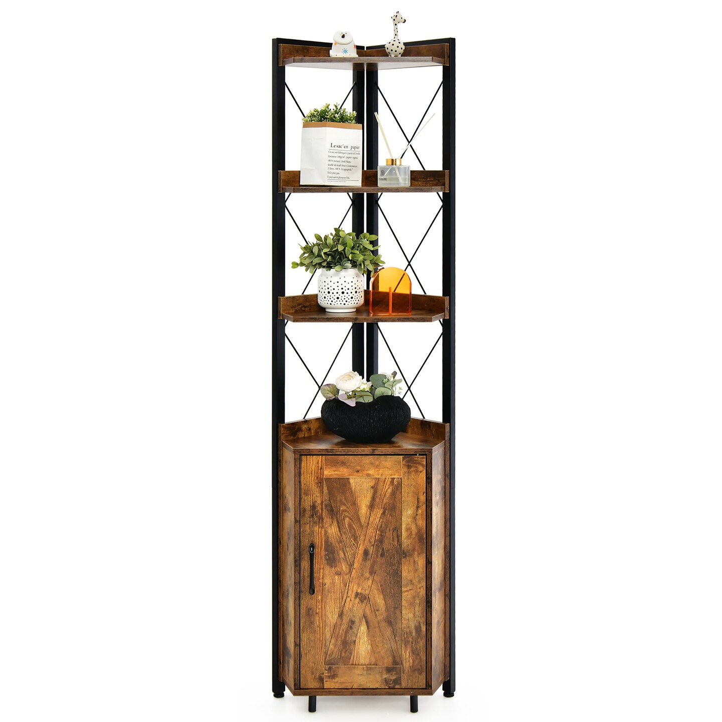 Costway 6-Tier Corner Bookshelf with 5-Level Adjustable Shelf &#x26; Anti-Tipping Kits Rustic Brown/Gray
