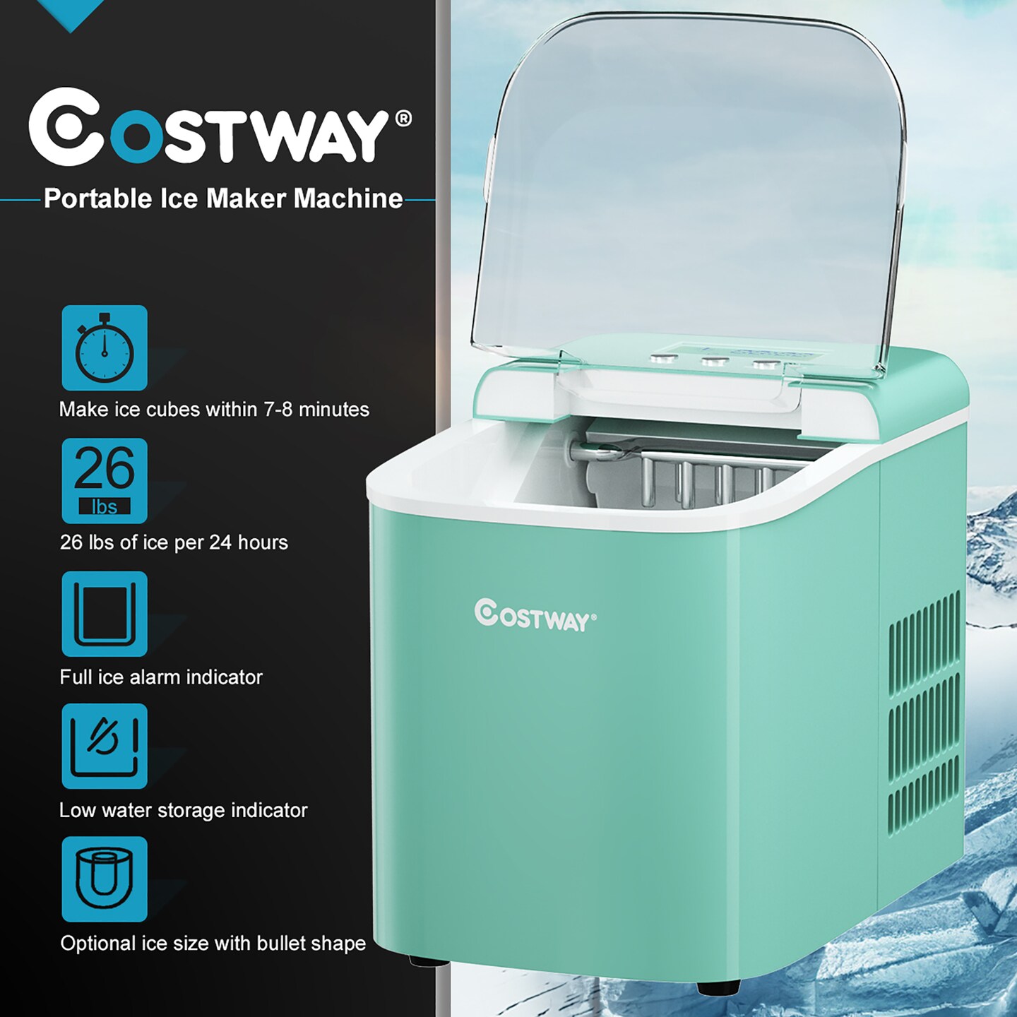 Costway Portable Ice Maker Machine Countertop 26LBS/24H LCD Display w/ Ice Scoop Red\Black\Green\Silver