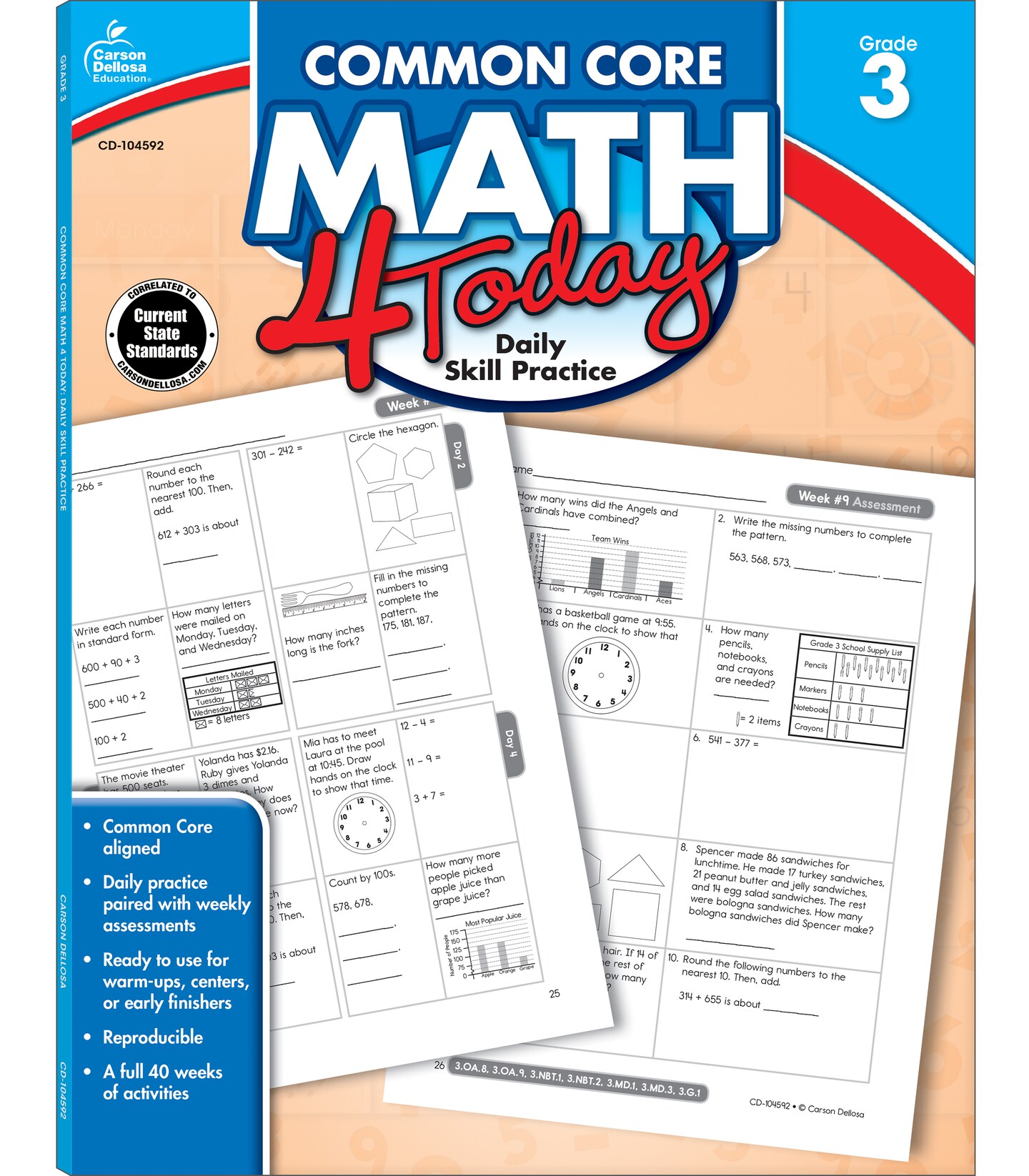 Carson Dellosa Common Core Math 4 Today 3rd Grade Workbooks, Telling Time, Fractions, Addition, Subtraction, Multiplication, Division, and More Mathematics Classroom or Homeschool Curriculum