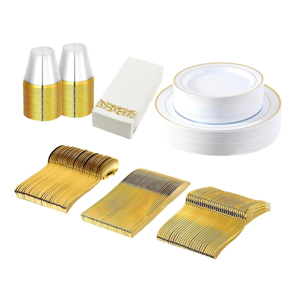 SKUSHOPS 175Pcs Disposable Gold Dinnerware Set Gold Rim Plastic Plates Cups Fork Spoon Knife Paper Napkins for Party Wedding