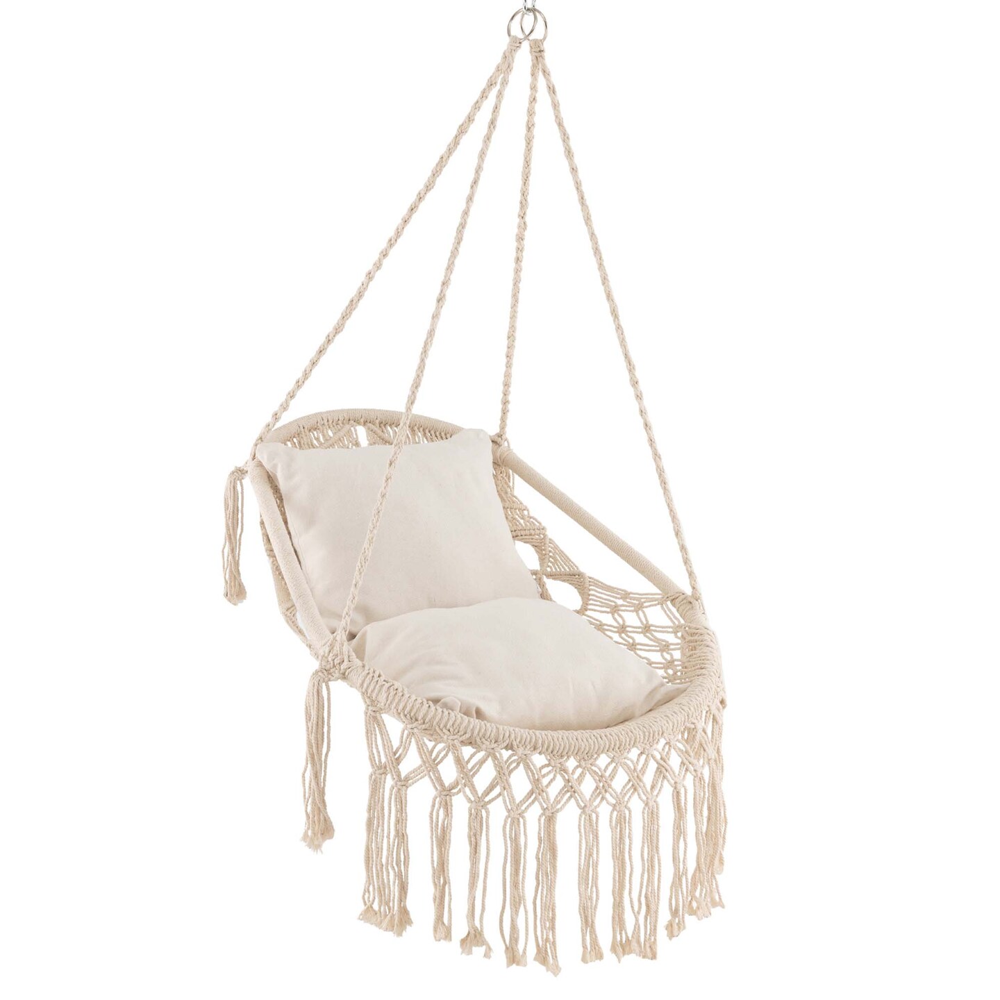 Costway Indoor Outdoor Macrame Swing with Soft Seat Cushions Sturdy Hanging Rope &#x26; Chain