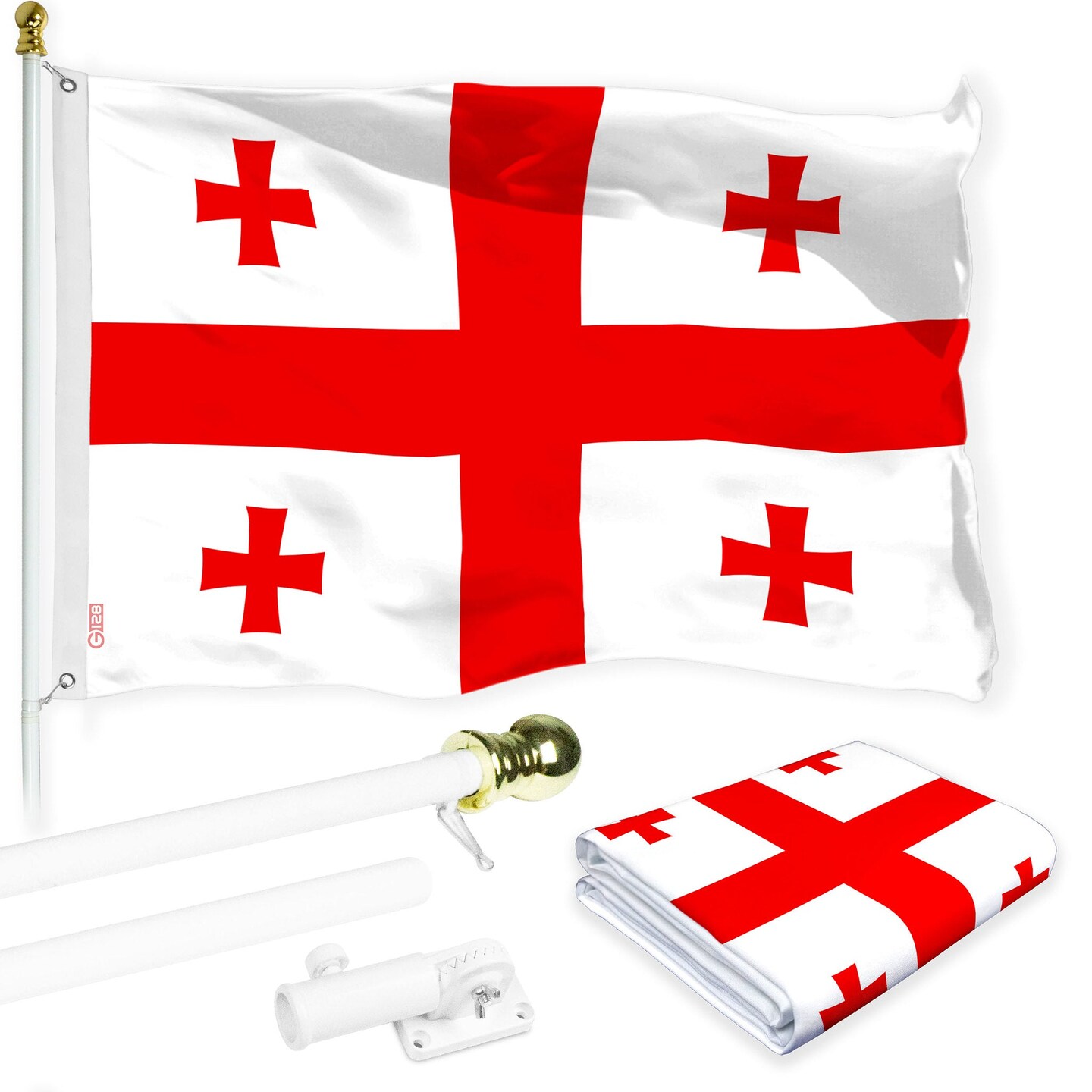 G128 Combo Pack: 6 Ft Tangle Free Aluminum Spinning Flagpole (White) & Georgia Georgian | 3x5 Ft | LiteWeave Pro Series Printed 150D Polyester | Pole with Flag Included