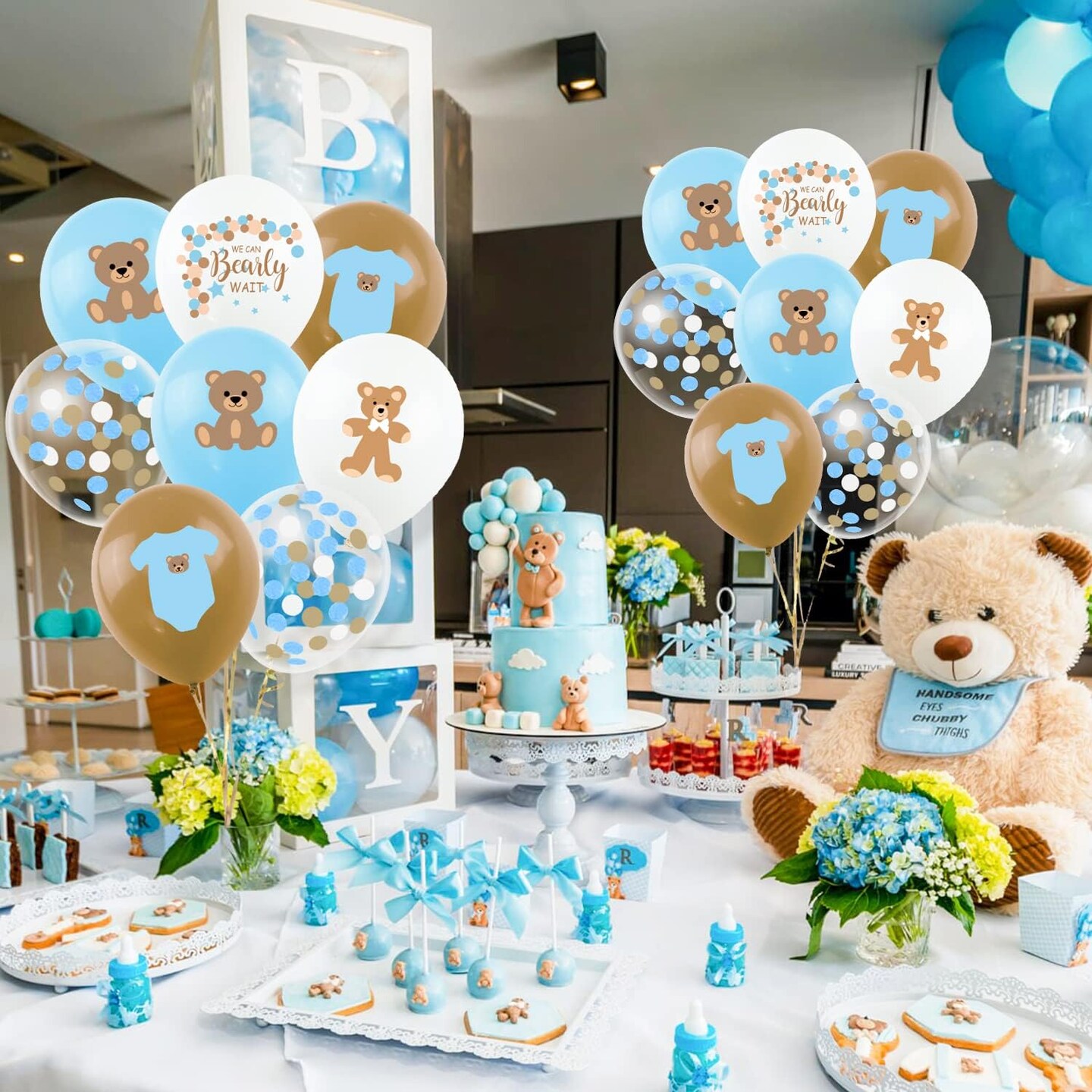 45Pcs Blue Bear Baby Shower Party Balloons, 12&#x22; Latex Printed We Can Bearly Wait Brown Creamy Bear Balloon Decor for It&#x27;s A Boy Gender Reveal Kid Birthday Wedding Photo Prop Party Decorations Supplies