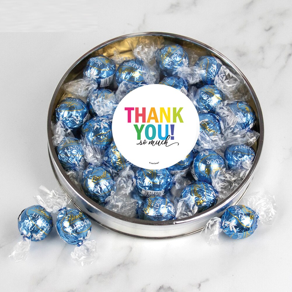 Thank You Candy Gift Tin with Chocolate Lindor Truffles by Lindt Large Plastic Tin with Sticker - Stracciatella - By Just Candy