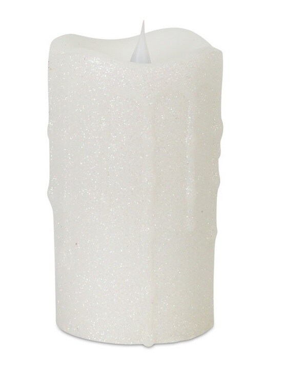 Diva At Home 5.25" White Glitter Flameless LED Pillar Candle with Moving Flame
