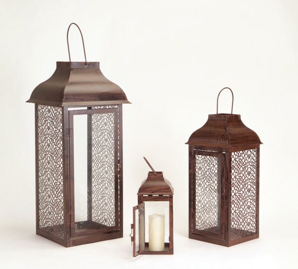 Melrose Set of 3 Brown Modern Style Mesh Pillar Candle Holder Lanterns 21&#x22;