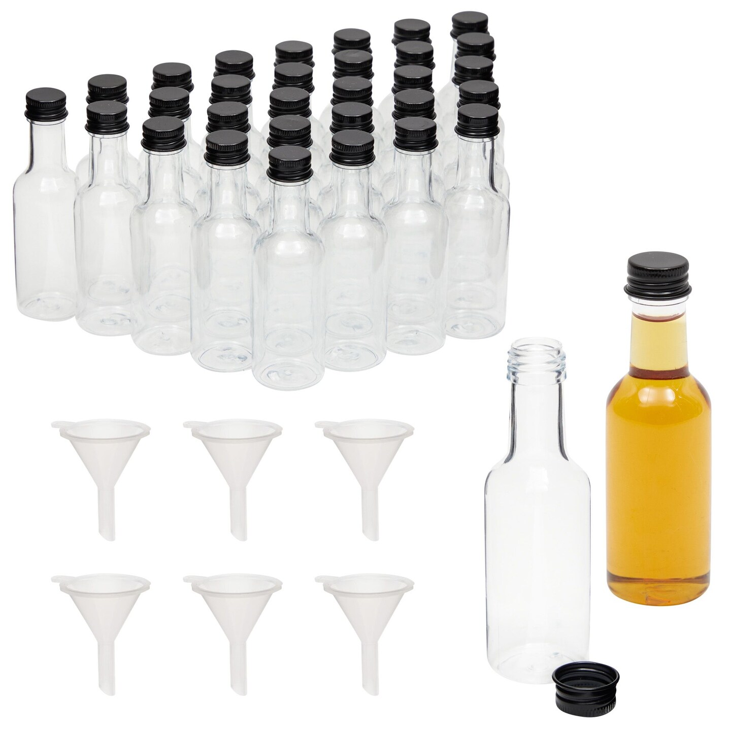 30 Pack 50ml Mini Liquor Bottles with Caps - 1.7 oz Small Wine Bottle with 6 Funnels for Party Favors, Alcohol