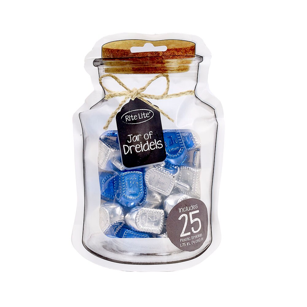 Rite Lite &#x22;Jar&#x22; of Dreidels, Spin the Dreidel Hanukkah Game with 25 Silver/Blue Pieces
