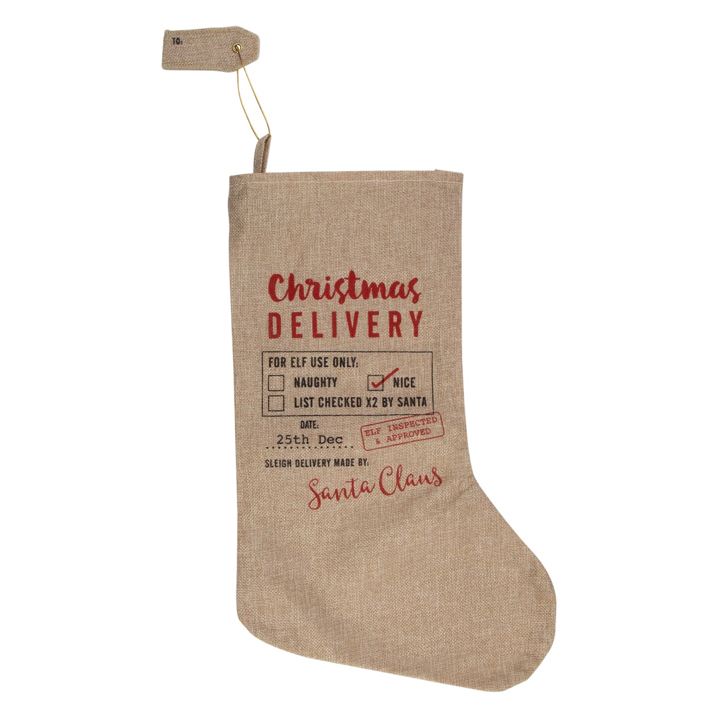 Northlight 19&#x22; Beige and Red &#x22;Christmas Delivery&#x22; Stocking With Hanging Tag