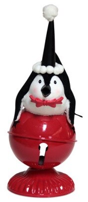 Melrose 10.5" Black and White Penquin Laying on Large Red Jingle Bell Christmas Table Top Decoration