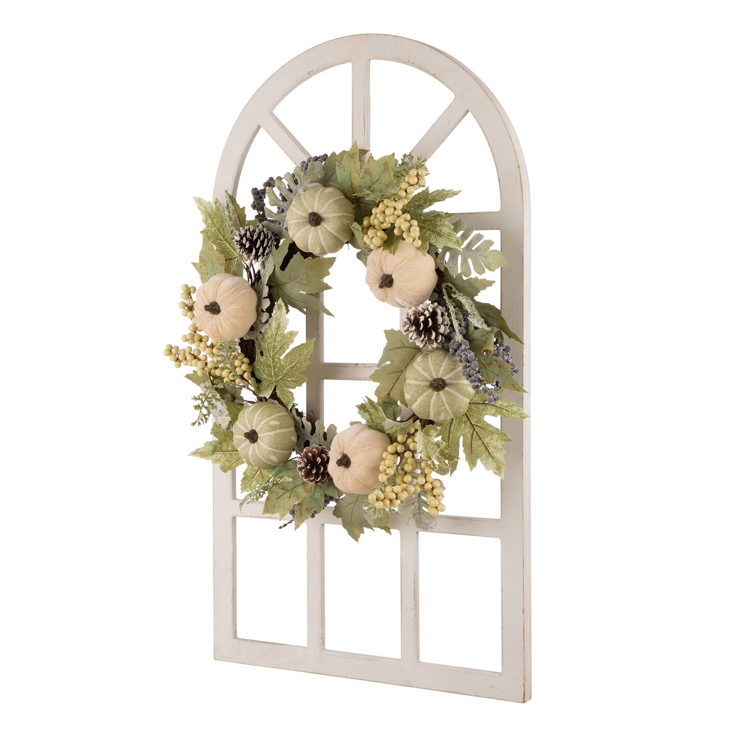 Glitzhome Window Frame with Pumpkin and Berries Harvest Wreath, Beige 22-Inch