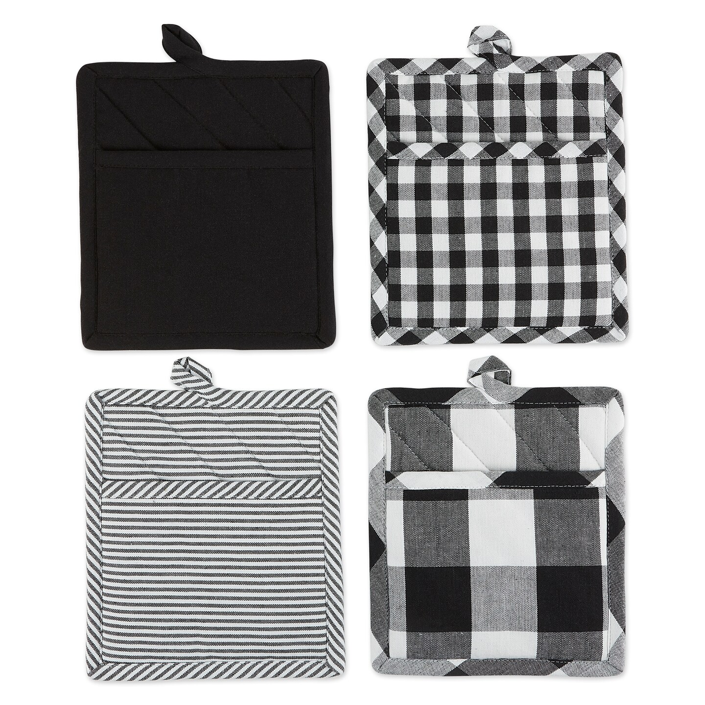 Contemporary Home Living Quilted Assorted Cotton Potholders - 9&#x22; - Black and White - Set of 4