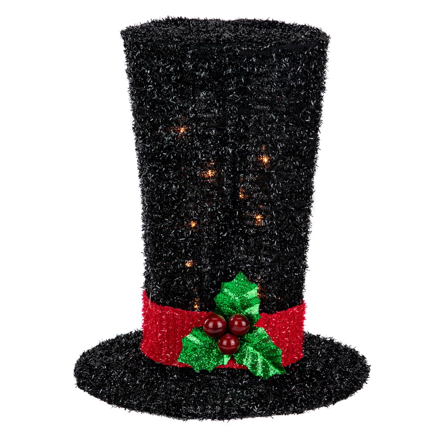 Northlight 9.25&#x22; Lighted Black Tinsel Top Hat Christmas Tree Topper, Clear Lights