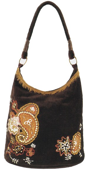 Ganz Maggi B Soft Touch Velour Brown Paisley Appliqué Hobo Bag