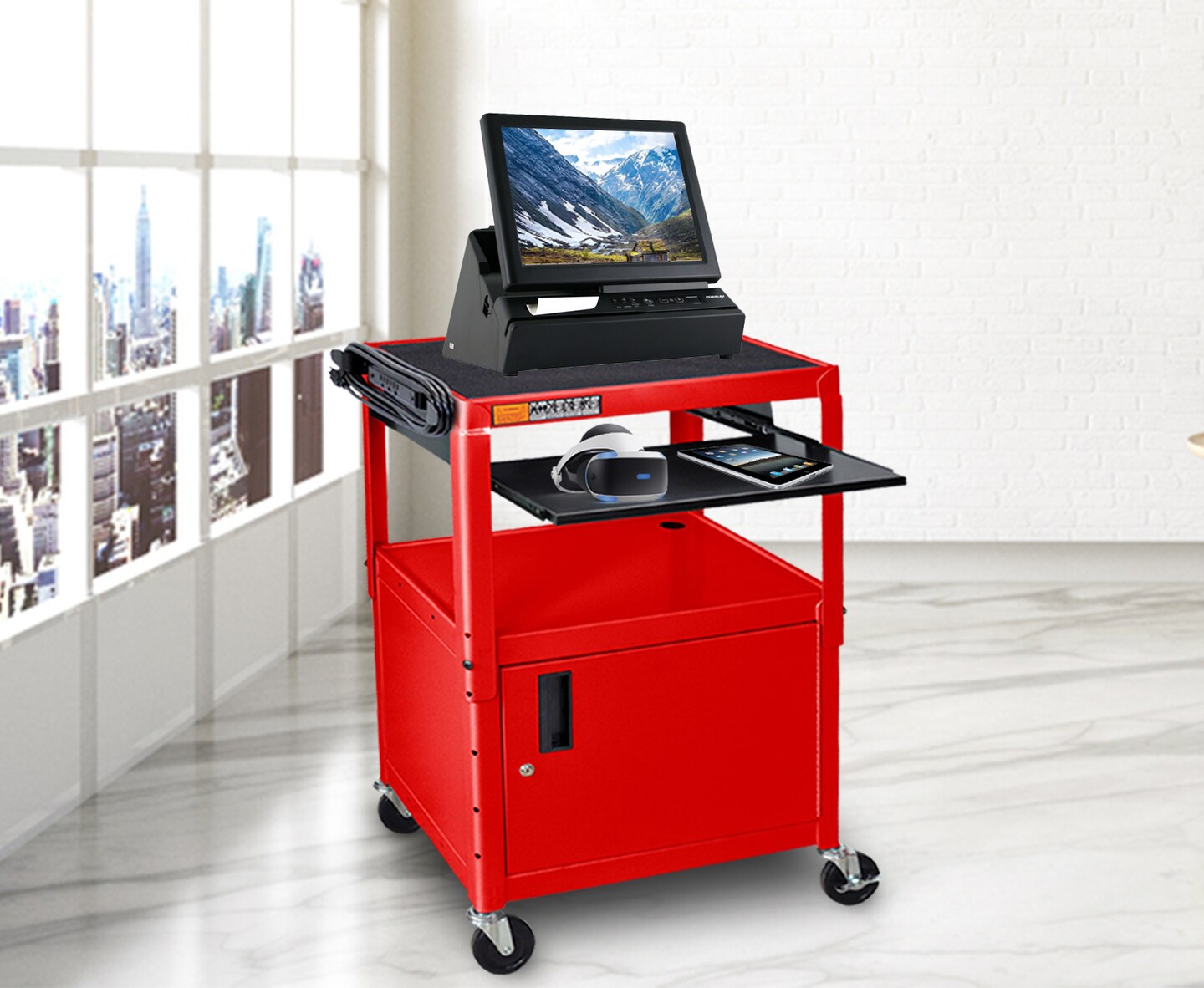 Luxor Office Multipurpose Height Adjustable Metal A/V Utility Cart with Pullout Keyboard Tray and Cabinet