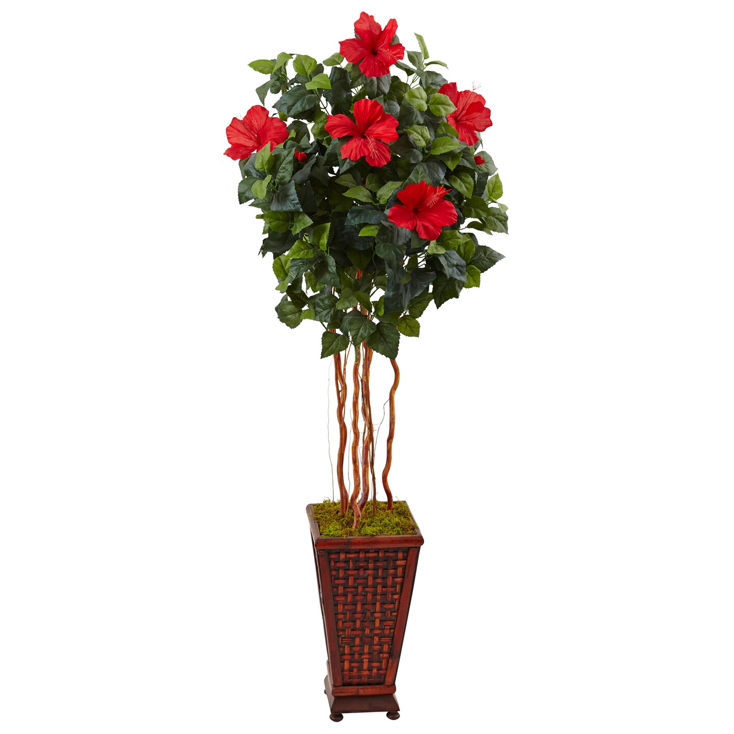 Nearly Natural 5&#x27; Hibiscus Artificial Tree with Brown Wooden Planter