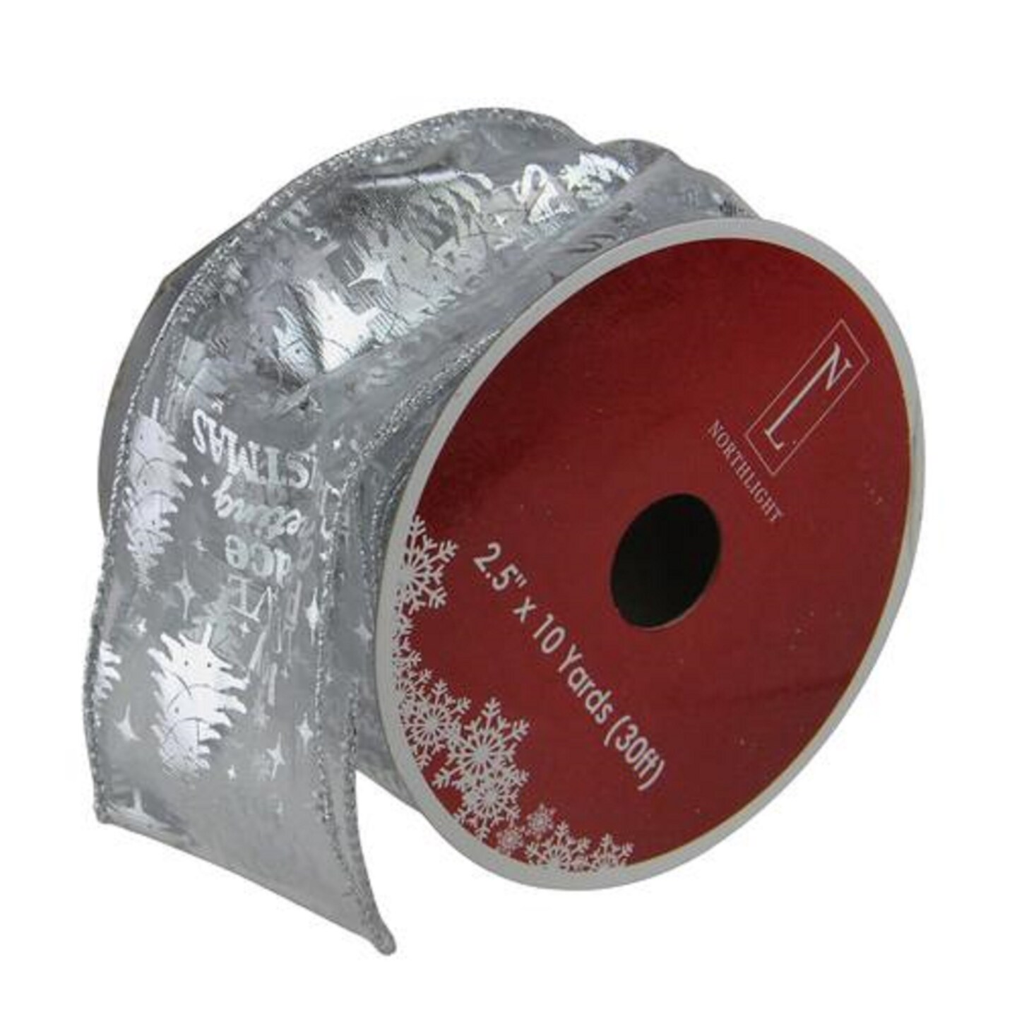 Northlight Silver Wired Christmas Words Craft Ribbon 2.5&#x22; x 10 Yards