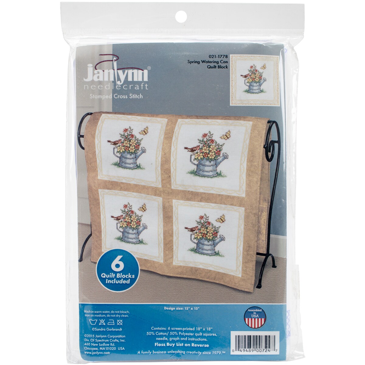 Janlynn Stamped Cross Stitch Quilt Blocks 15"X15" 6/Pkg-Spring Watering Cans