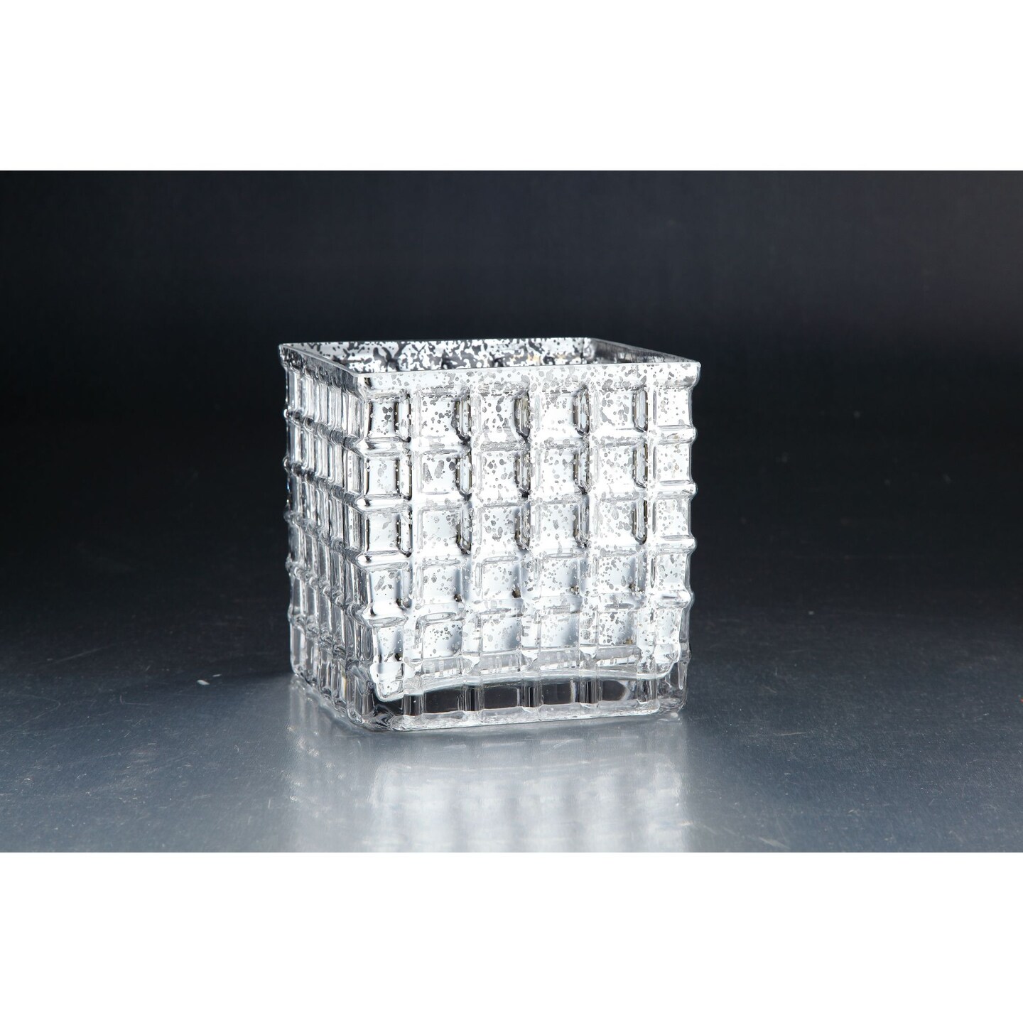 CC Home Furnishings 6" Silver Square Glass Block Votive Candle Holder