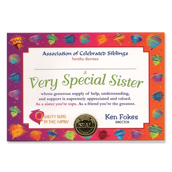 Beistle Pack of 6 ''Very Special Sister'' Certificates 5" x 7"