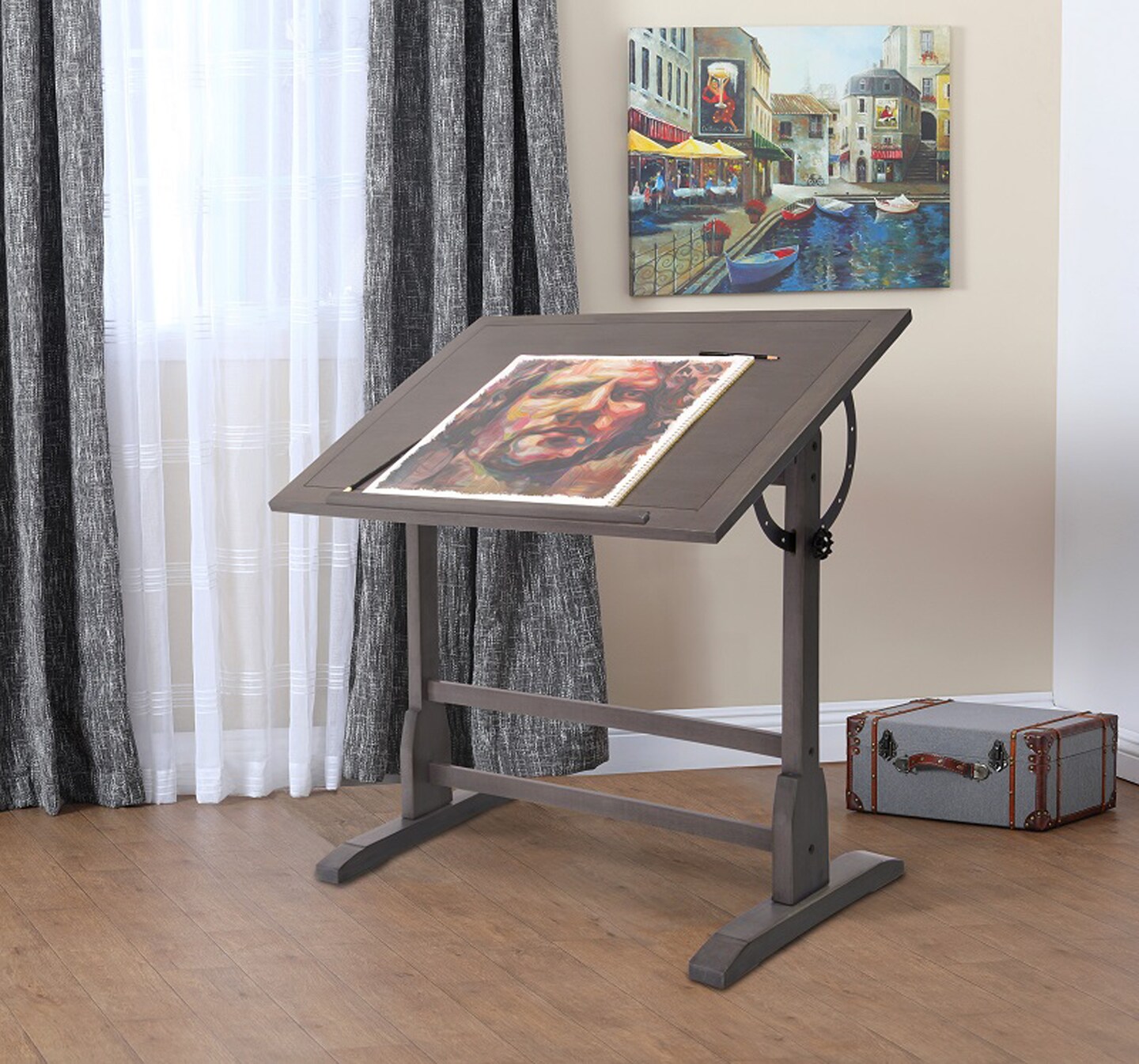 Vintage Wood Drafting Table With 36" X 24" Adjustable Top - Slate Gray