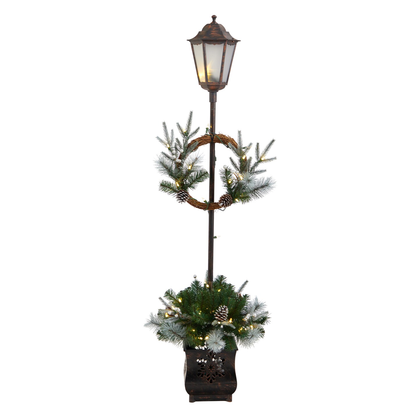 Nearly Natural 5&#x2019; Pre-Lit Pine with Berries and Pinecone LED Lighted Christmas Lamp Post