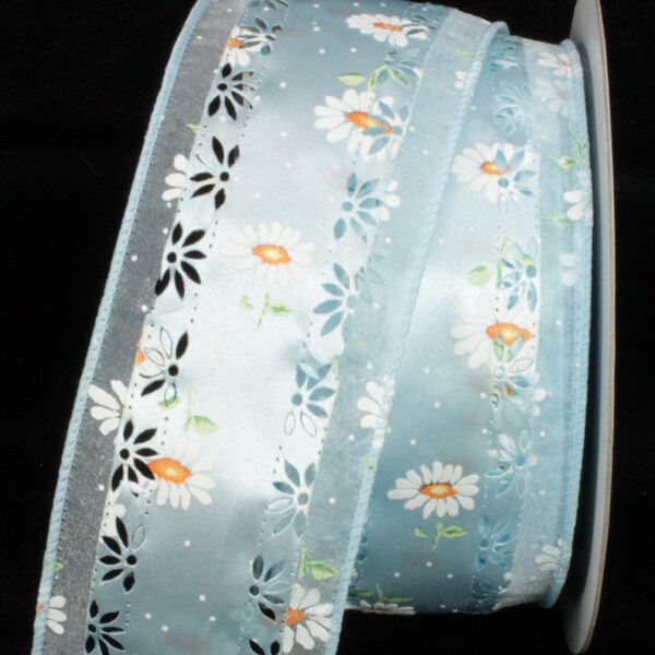 The Ribbon People Blue and White Embossed Marguerite Wired Craft Ribbon 2.5&#x22; x 20 Yards