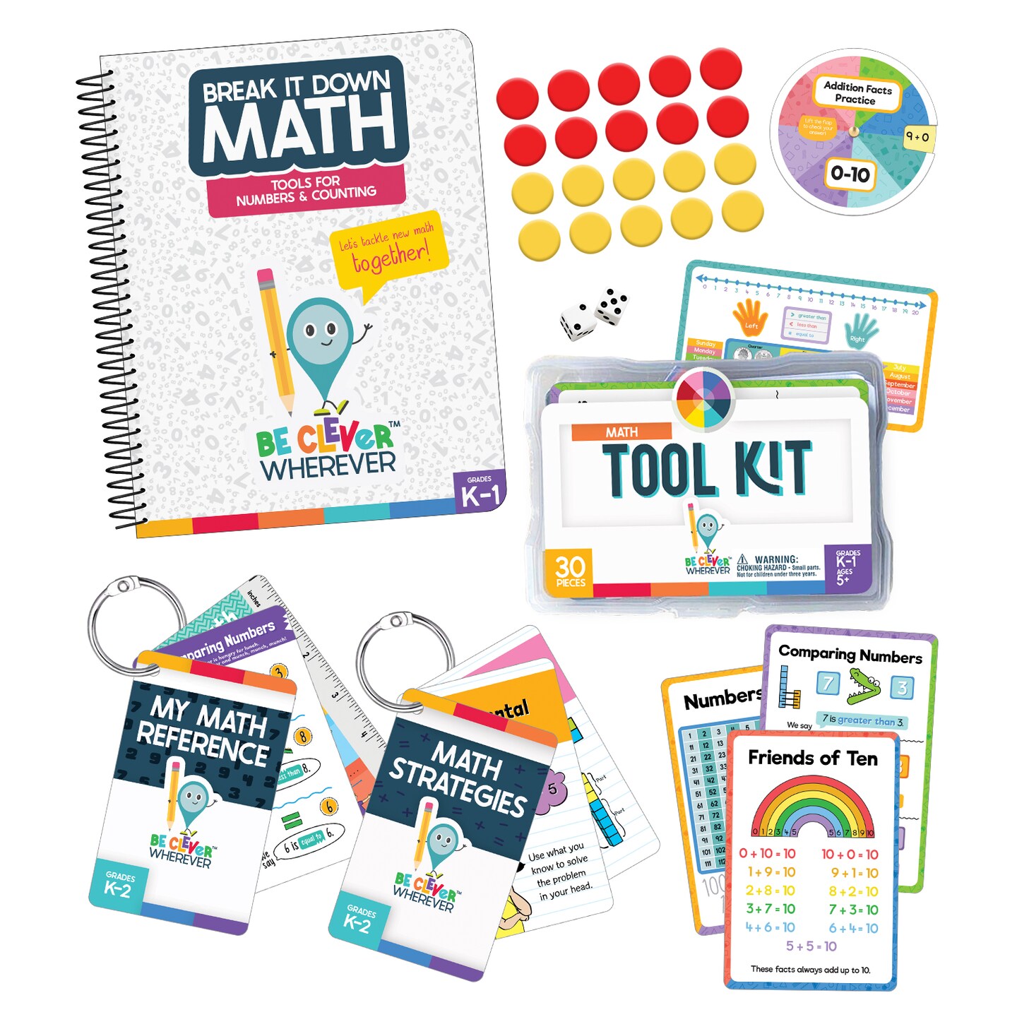 Be Clever Wherever K-1 Math Kit, Kindergarten Math - 1st Grade Math Tool Kit, Tools for Numbers & Counting Reference Book, My Math Reference & Math Strategies Things on Rings Math Flash Cards (63 pc)