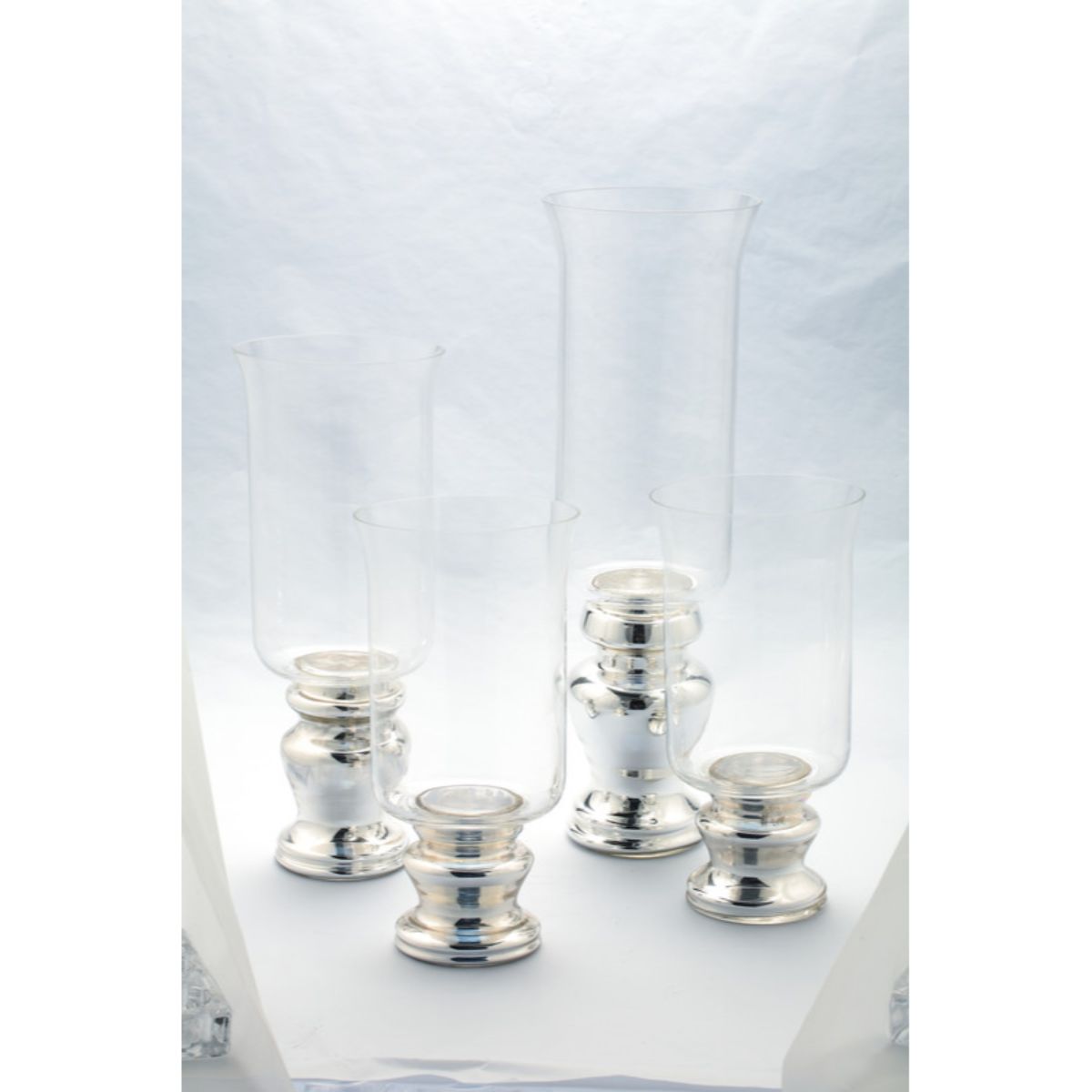 CC Home Furnishings Set of 4 Clear and Silver Hurricane Glass Vases with Urn Base 18"