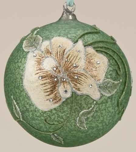 Roman 6.25&#x22; Green and Ivory Glittered Floral Christmas Ornament