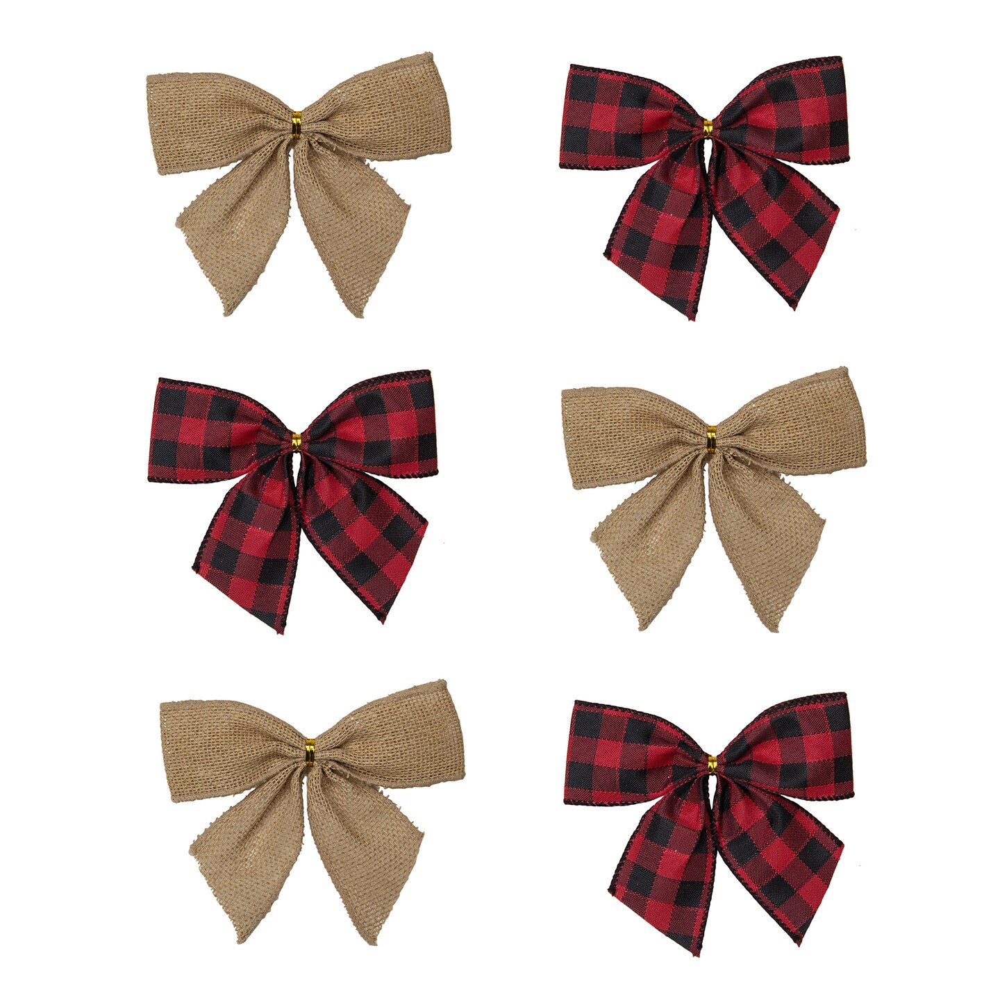 Northlight Buffalo Plaid and Burlap 2-Loop Christmas Bow Decorations - 5.5" - Pack of 6