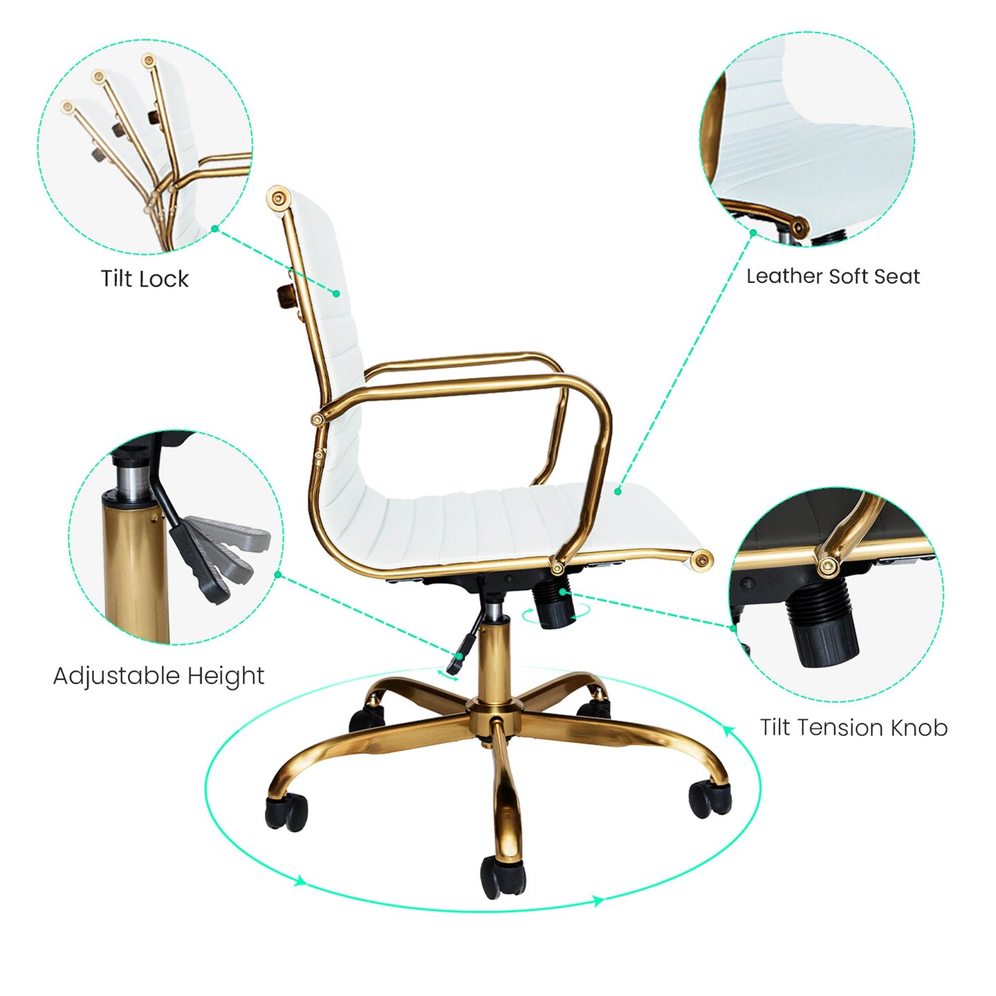 LeisureMod Harris Office Chair with Gold Frame