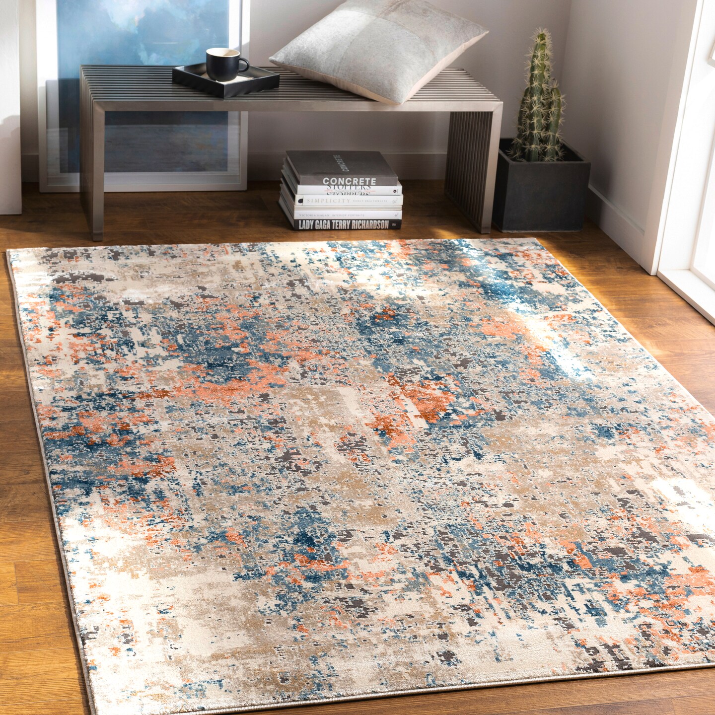 Tiwari Home 2' x 3' Pune Ivory and Blue Abstract Patterned Synthetic Area Rug