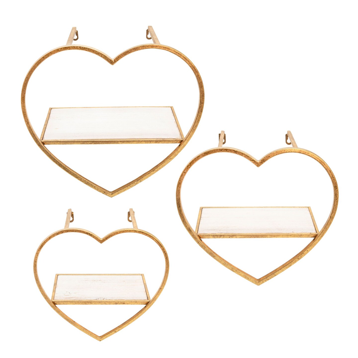 Kingston Living Set of 3 Gold and Ivory Wooden Heart Shaped Wall Shelves 16&#x22;