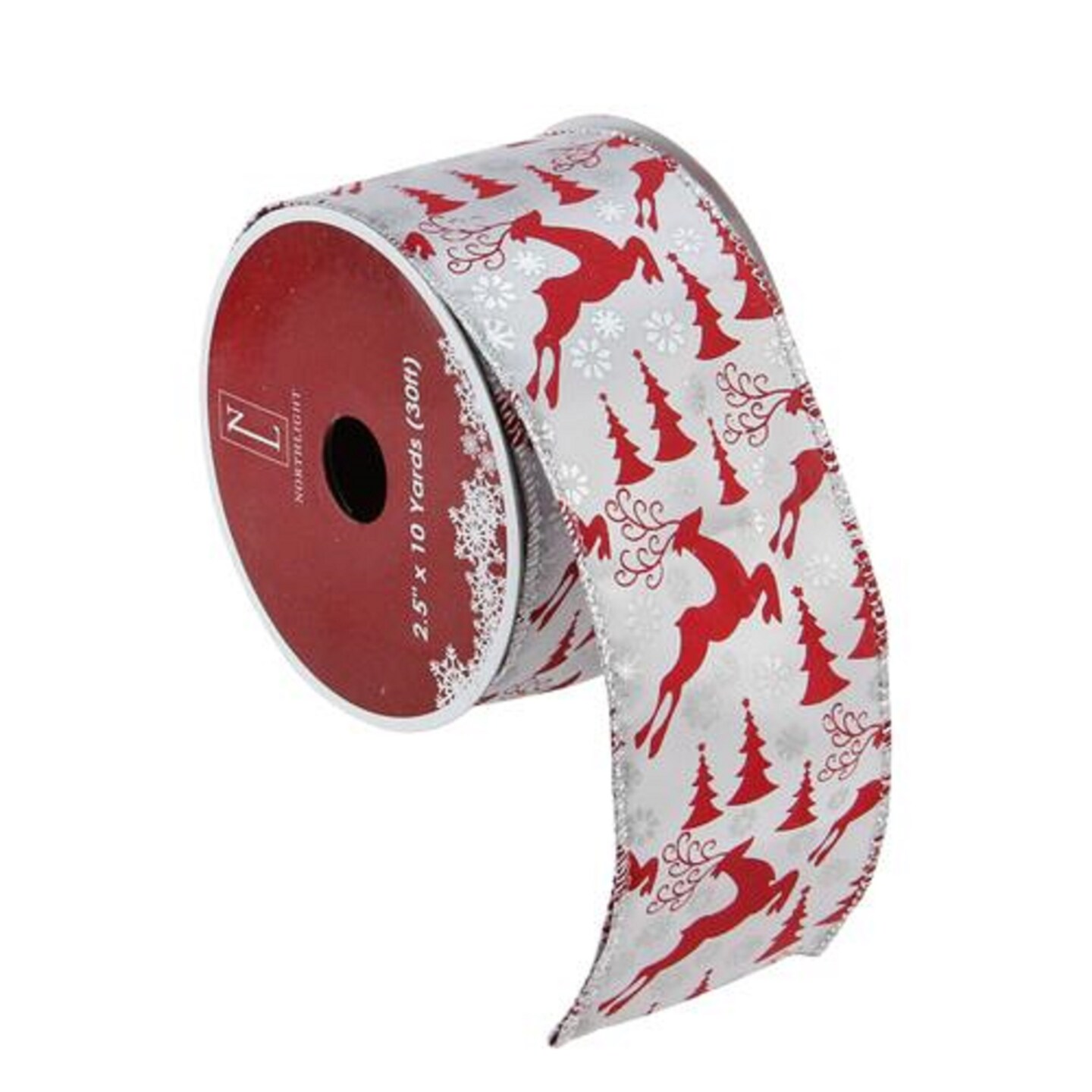 Northlight Silver and Red Flying Reindeer Wired Christmas Craft Ribbon 2.5" x 10 Yards