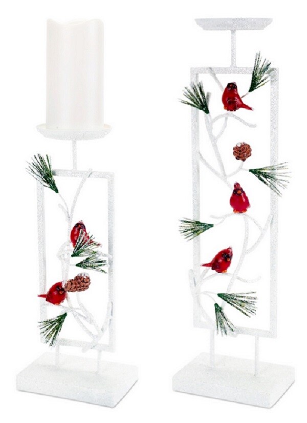 Melrose Snowy Cardinal and Pine Christmas Pillar Candle Holders - 19.5&#x22; - Set of 2