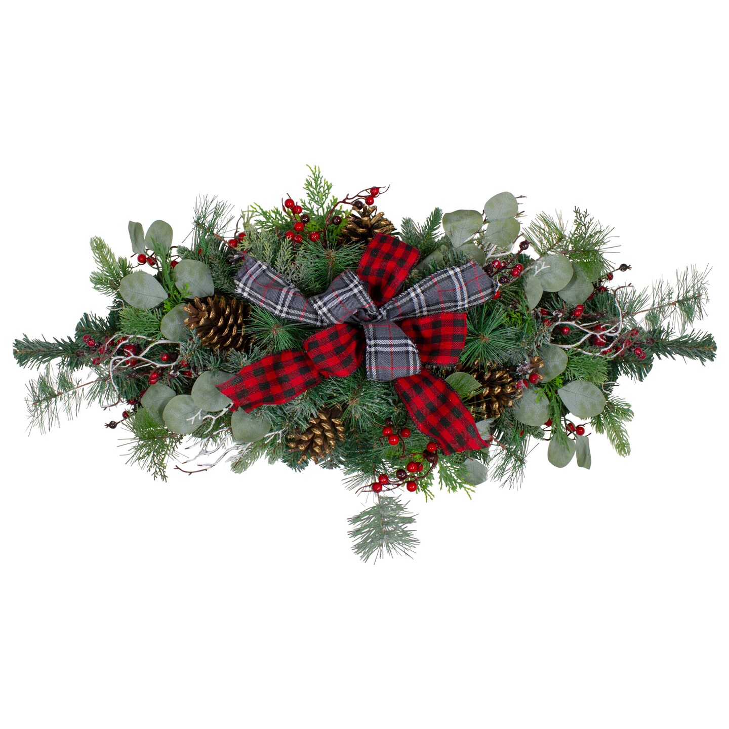 Northlight 36&#x22; Dual Plaid Bows and Red Berries Artificial Christmas Swag - Unlit