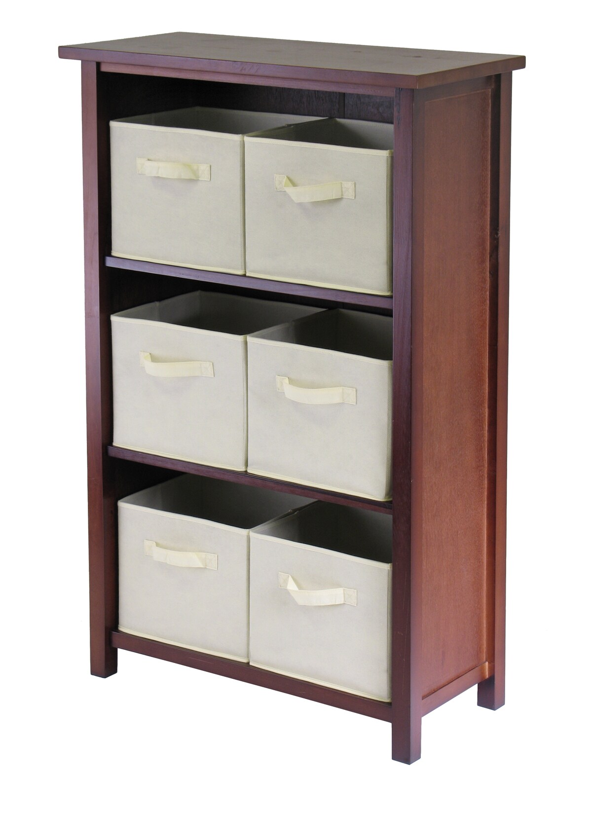 Contemporary Home Living 42.75&#x201D; Brown and Beige Three Section Storage Shelf with Six Foldable Fabric Basket