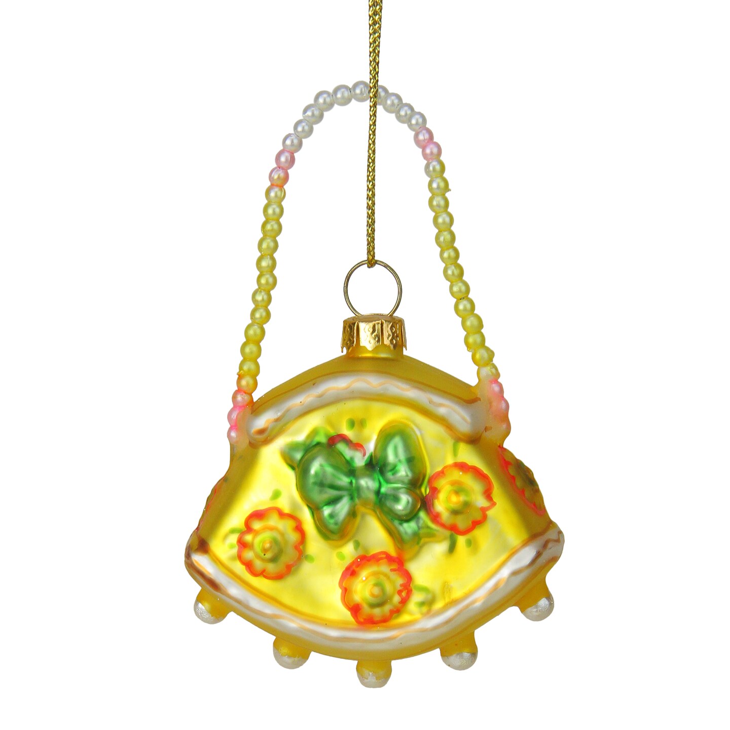 Kurt Adler 3&#x22; Yellow and Green Floral Glass Stylish Lady Purse Handbag Christmas Ornament