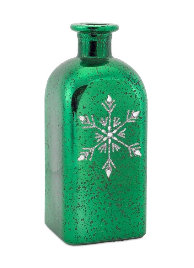 Melrose 8.5&#x22; Green Mercury Glass Bottle with Silver Glitter Snowflake Christmas Decoration