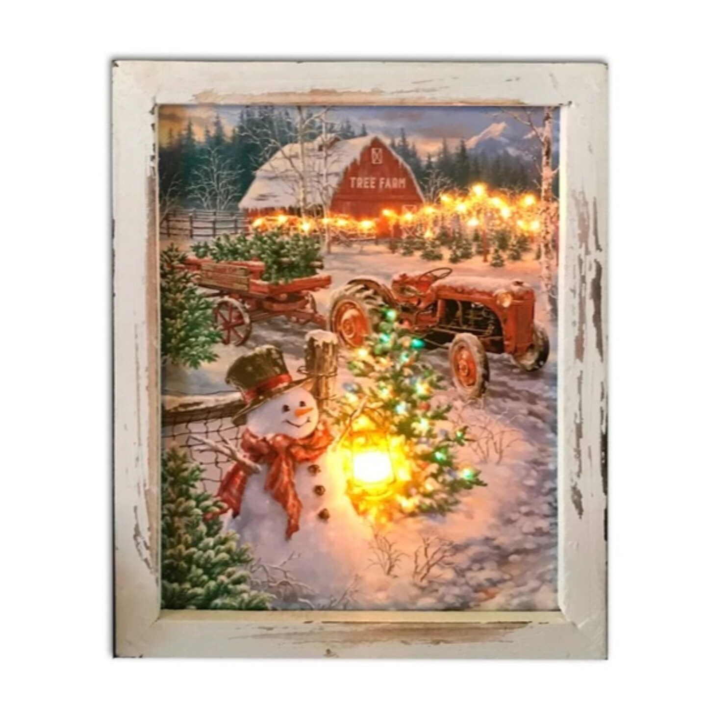 Glow Decor 10&#x22; White and Brown LED Lighted Christmas Tree Farm Rectangular Shadow Box Decoration