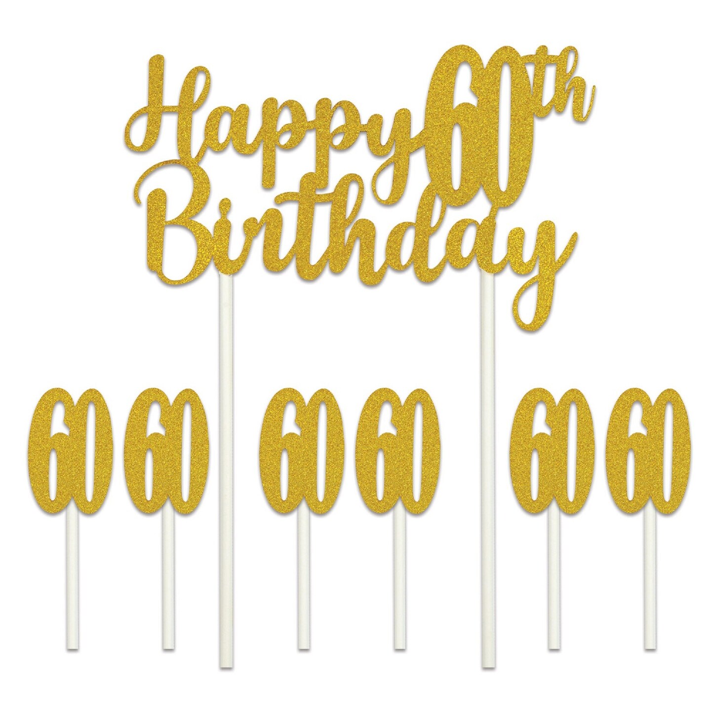 Beistle Set of 12 Gold Happy 60th Birthday Cake Topper 8.25&#x22;