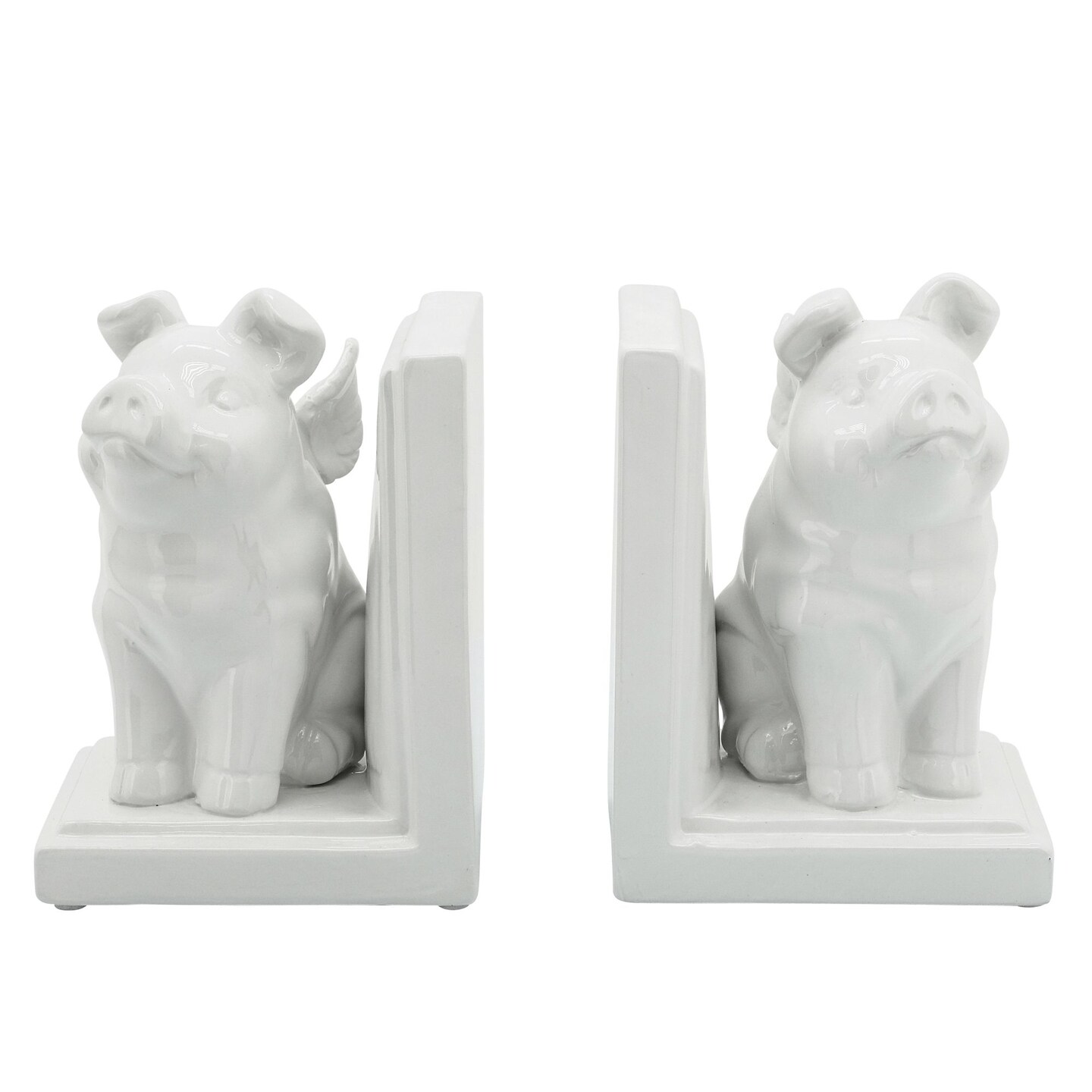 Kingston Living Set of 2 White Ceramic Winged Pigs Bookends 7"